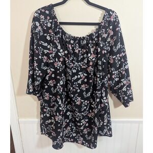 Yours Floral Off Shoulder Blouse Womens 24 Black Pink Excellent Flowy Boho